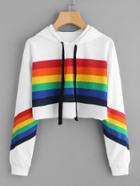 Romwe Rainbow Striped Print Crop Hoodie