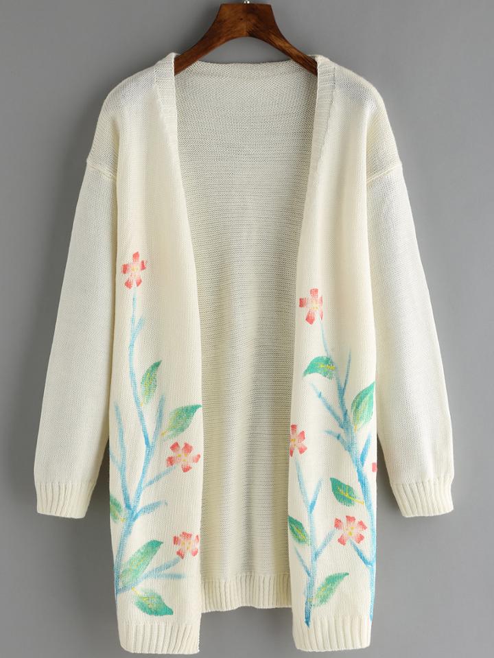 Romwe Dropped Shoulder Seam Flower Print Coat Sweater