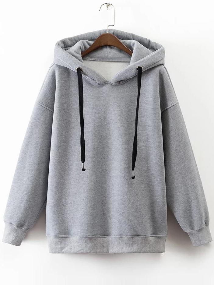 Romwe Grey Drawstring Side Zipper Hooded Sweatshirt