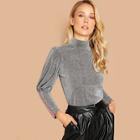 Romwe Leg-of-mutton Sleeve Stripe Tape Mock-neck Tee