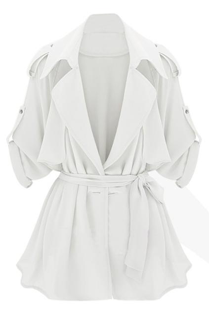 Romwe Lapel Belted Shoulder Board White Coat