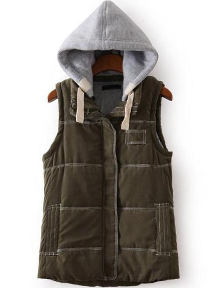 Romwe Women Contrast Hooded Zipper Army Green Vest