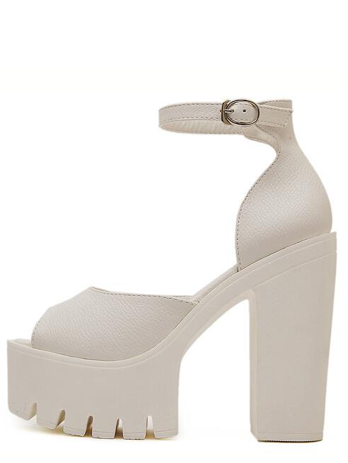 Romwe Ankle Strap Peep Toe Platform Heels - White