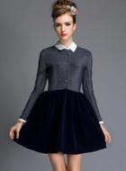 Romwe Blue Contrast Knit Long Sleeve Velvet Dress
