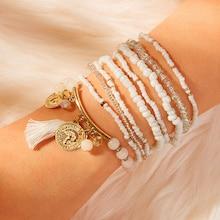 Romwe Tassel & Coin Decor Beaded Bracelet Set 9pcs