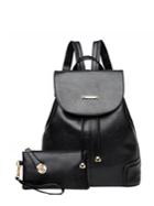 Romwe Faux Leather Drawstring Flap Backpack With Clutch