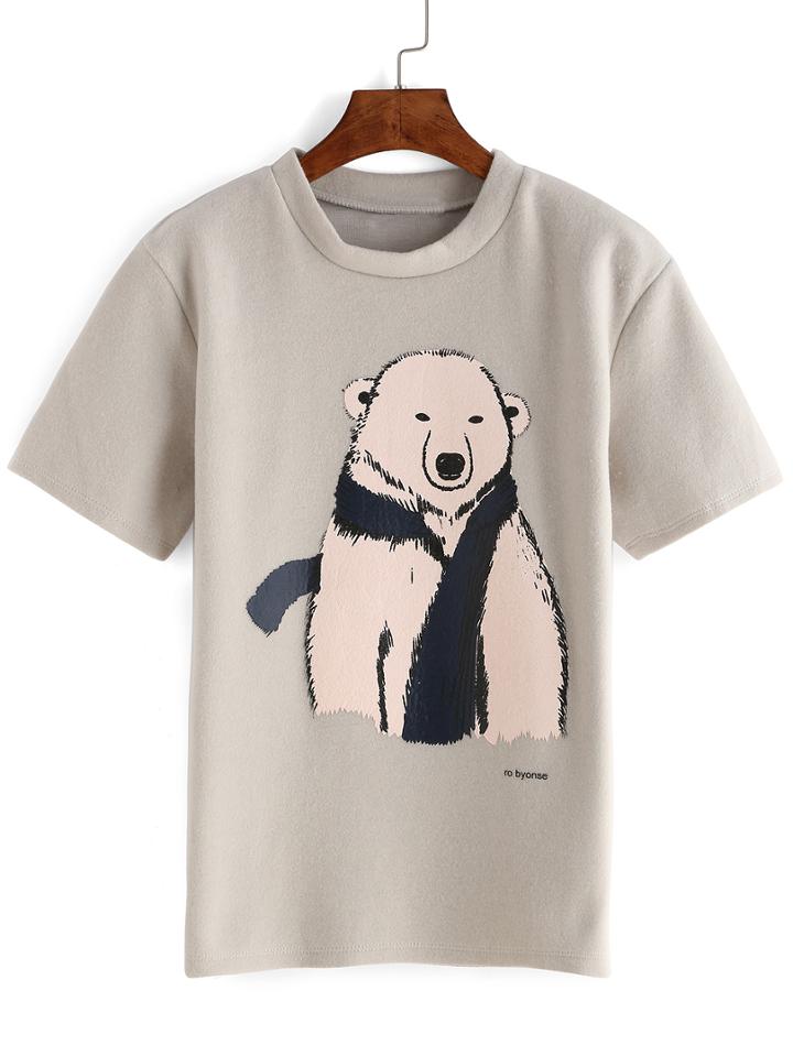 Romwe Bear Print Grey T-shirt