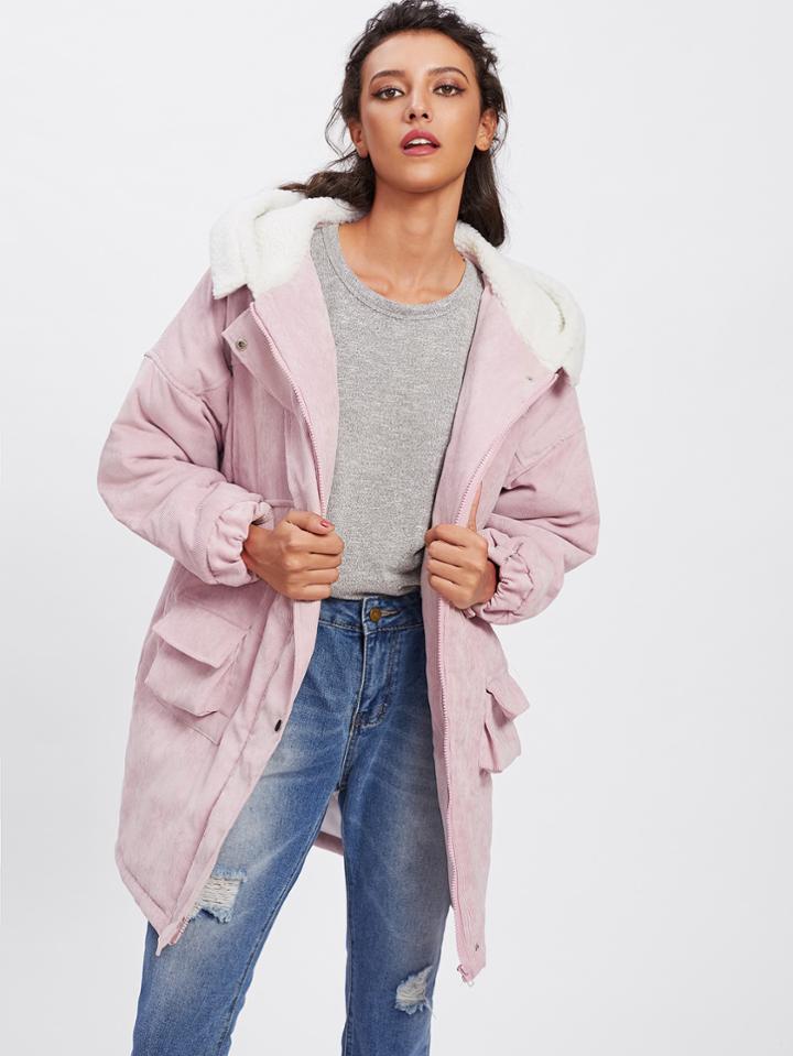 Romwe Drop Shoulder Sherpa Lined Hooded Padded Coat