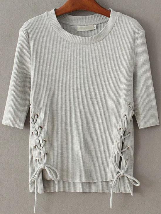 Romwe Grey Lace Up Dip Hem Ribbed Knit Sweater