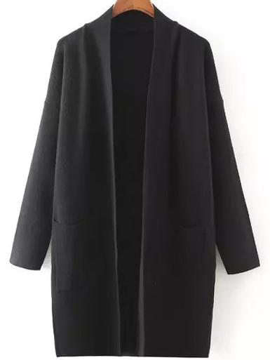 Romwe Women Long Sleeve Pockets Black Coat Sweater