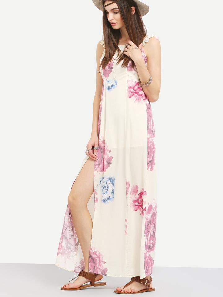 Romwe Ruffled Strap Flower Print Long Dress