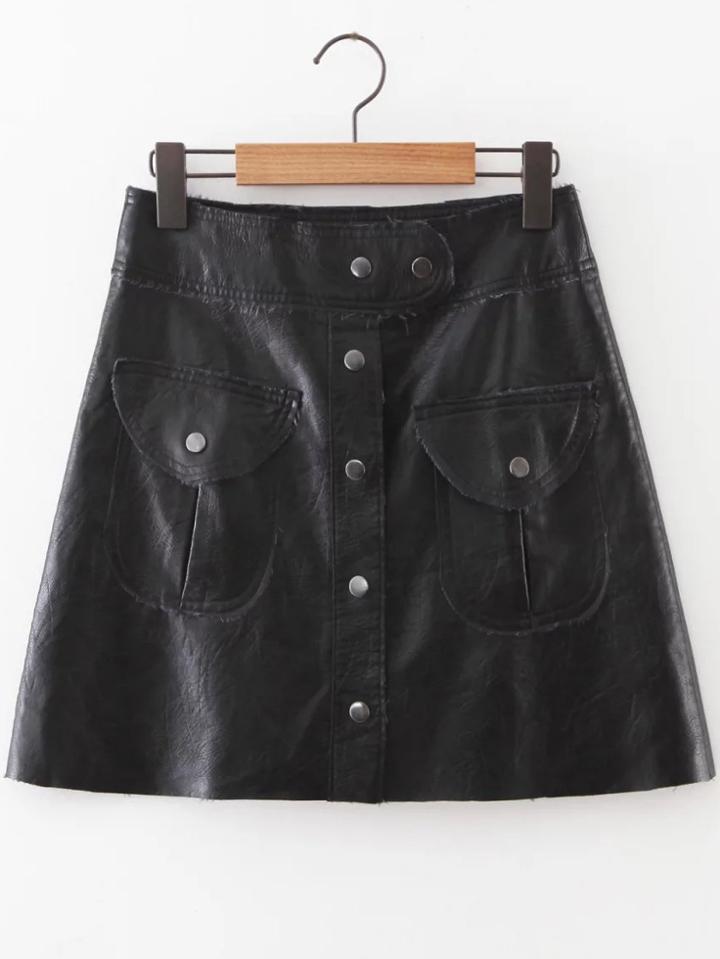 Romwe Black Button Up Pu Skirt With Pockets