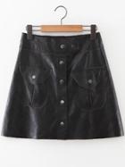 Romwe Black Button Up Pu Skirt With Pockets
