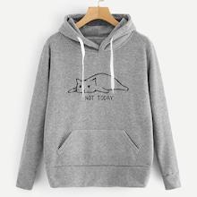 Romwe Cat And Letter Print Hooded Sweatshirt