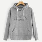 Romwe Cat And Letter Print Hooded Sweatshirt