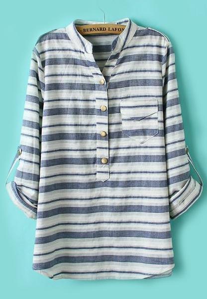 Romwe Epaulet Striped Pocket Blue Blouse