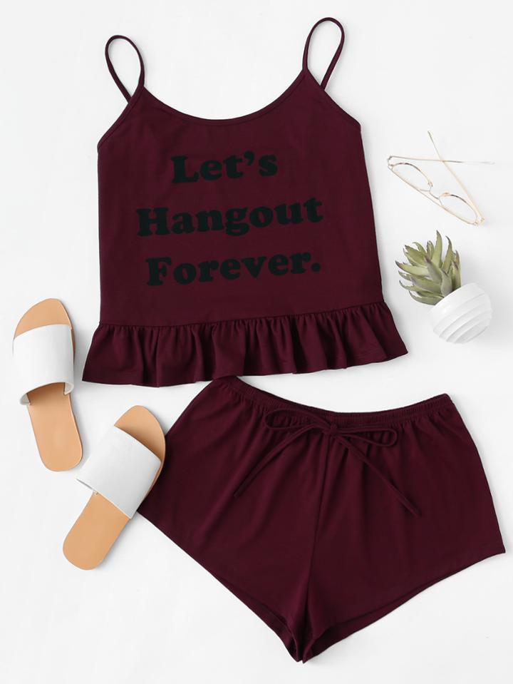 Romwe Letter Print Ruffle Hem Cami Top And Shorts Pj Set