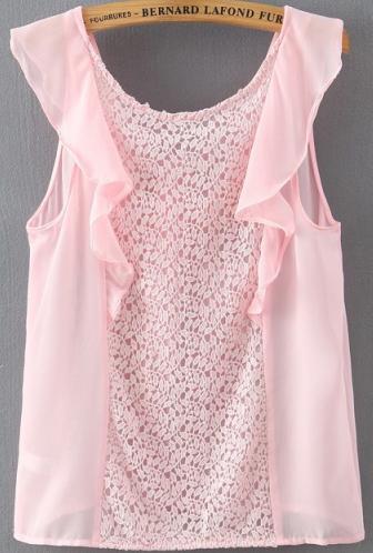 Romwe Ruffle Lace Pink Tank Top