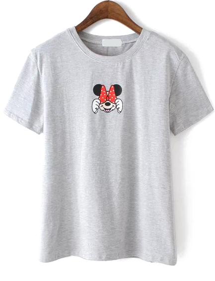 Romwe Bow Mickey Print Grey T-shirt