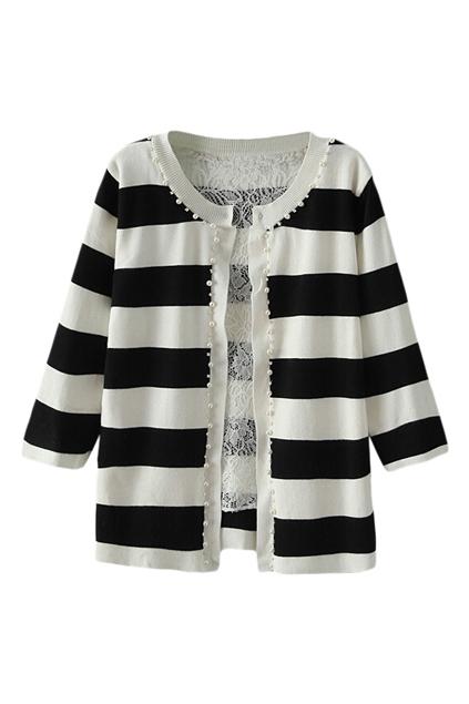 Romwe Striped Lace Trimming Cardigan