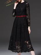 Romwe Black Embroidered A-line Lace Dress