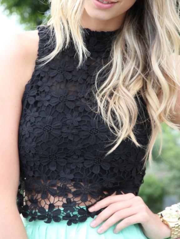 Romwe Zipper Lace Crop Black Tank Top