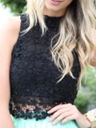 Romwe Zipper Lace Crop Black Tank Top