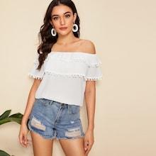 Romwe Pom Pom Ruffle Overlay Bardot Top