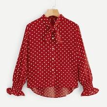 Romwe Polka Dot Tie Neck Button Front Dip Hem Blouse