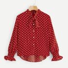 Romwe Polka Dot Tie Neck Button Front Dip Hem Blouse