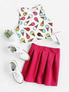 Romwe Ice Cream Print Top With Pleated Zip Back Skirt