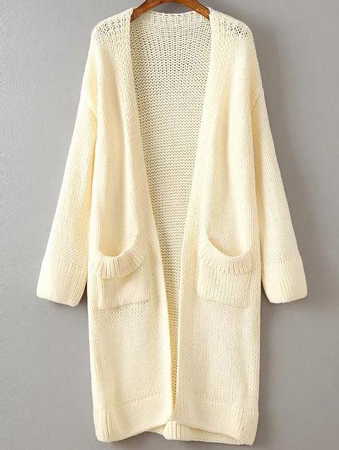 Romwe Beige Ribbed Trim Front Pocket Long Cardigan