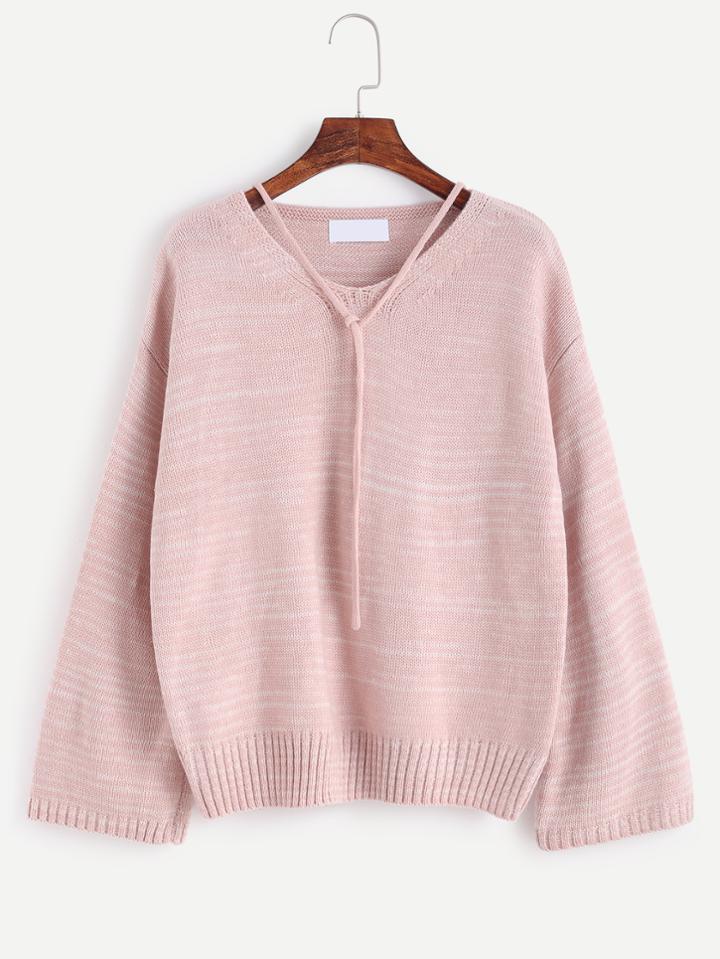 Romwe Pink V Neck Drop Shoulder Self Tie Sweater