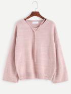 Romwe Pink V Neck Drop Shoulder Self Tie Sweater