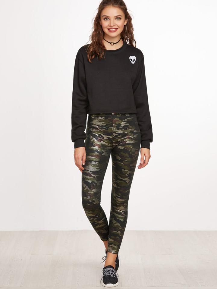 Romwe Camo Print Pu Leather Leggings