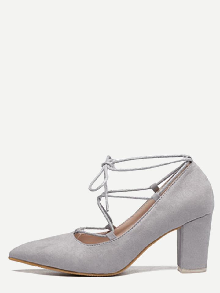 Romwe Grey Faux Suede Lace Up Pointed Chunky Shoes