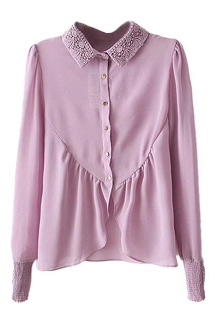 Romwe Romwe Lace Buttoned Flouncing Hem Chiffon Purple Shirt