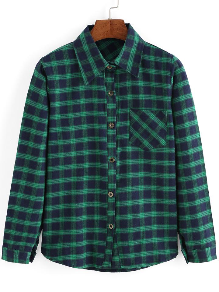 Romwe Plaid Green Blouse With Pocket