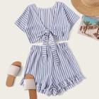 Romwe Striped Tie Front Top With Shorts