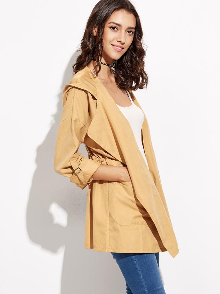 Romwe Mustard Yellow Drawstring Pockets Hooded Coat