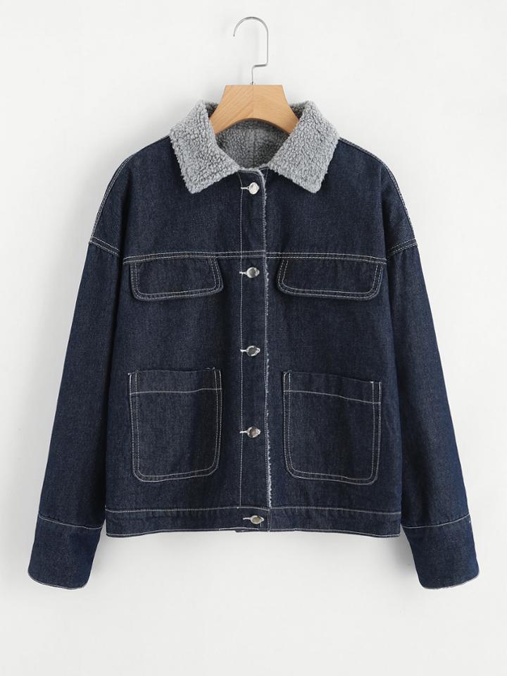 Romwe Button Back Sherpa Lined Denim Jacket