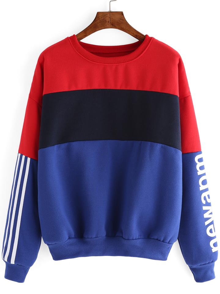 Romwe Color-block Letter Print Loose Sweatshirt