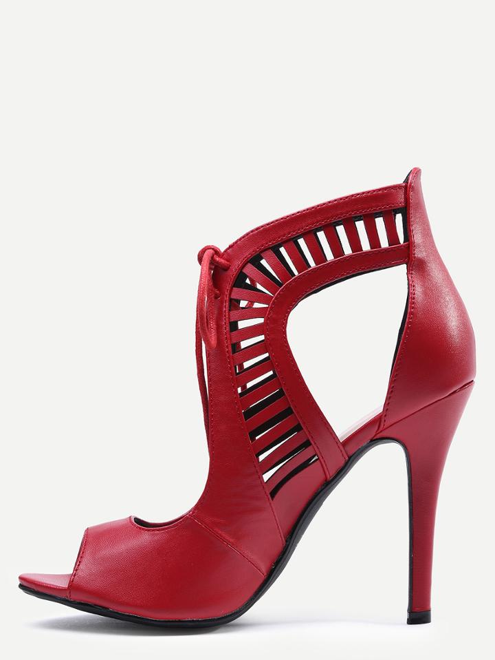 Romwe Red Laser Cut Lace-up Peep Toe Heels