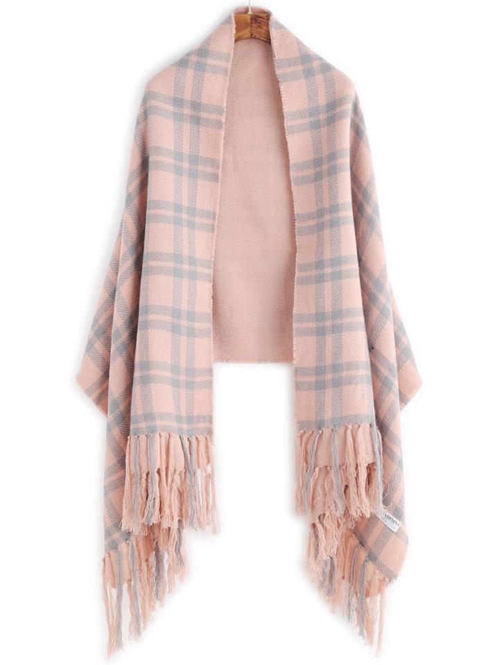 Romwe Pink Plaid Layered Fringe Warm Shawl Scarf