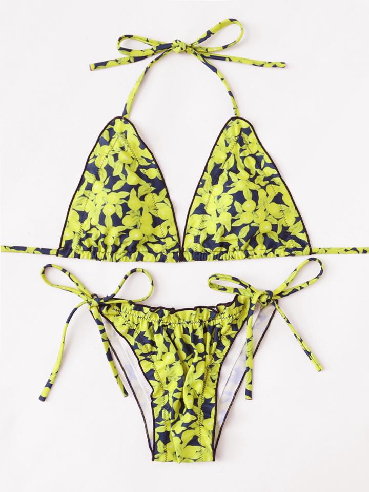 Romwe Leaf Print Self Tie Bikini Set