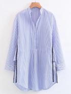 Romwe Vertical Striped Dotted Crochet Split Side Shirt Dress