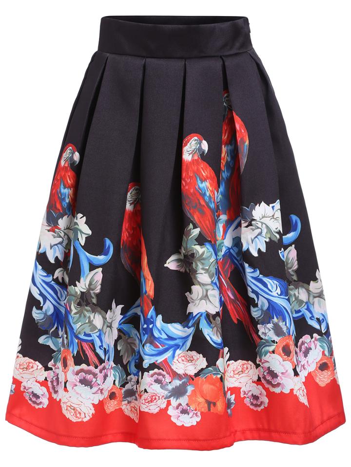 Romwe Parrot Print Zipper Flare Skirt