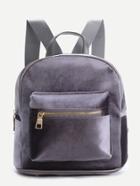 Romwe Grey Zipper Detail Velvet Backpack
