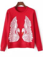 Romwe Swan Print Beaded Red Sweater