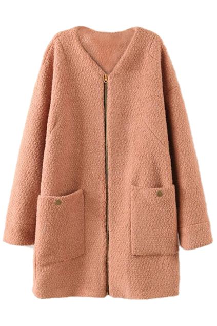 Romwe Loose Zippered Camel Woolen Coat